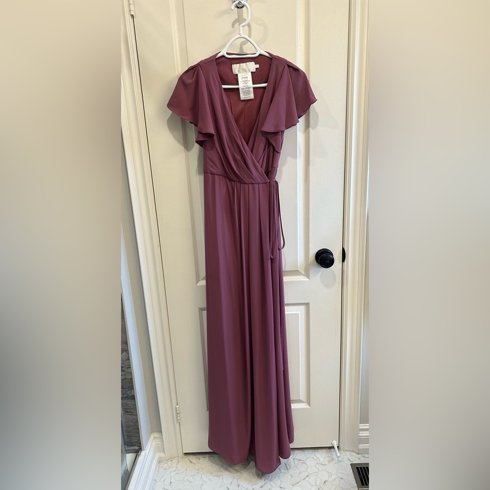Mauve taupe David’s bridal maxi short sleeve wrap dress, size 6